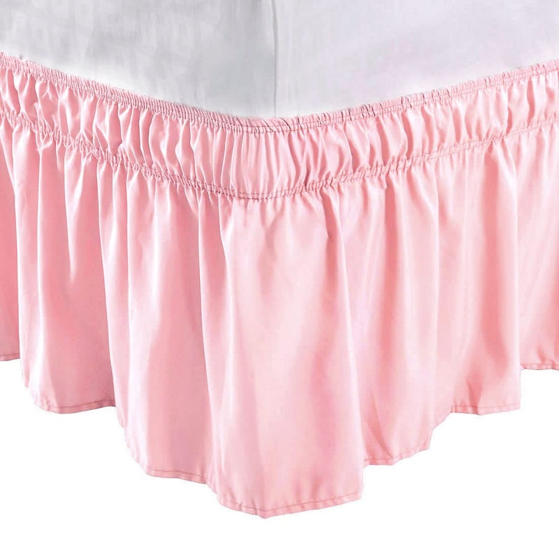 PiccoCasa Bed Skirt Wrap Around Bedskirt Three Fabric Sides Elastic Dust Ruffle, Easy Fit - with 15 Inch Drop Twin Pink - Image 1